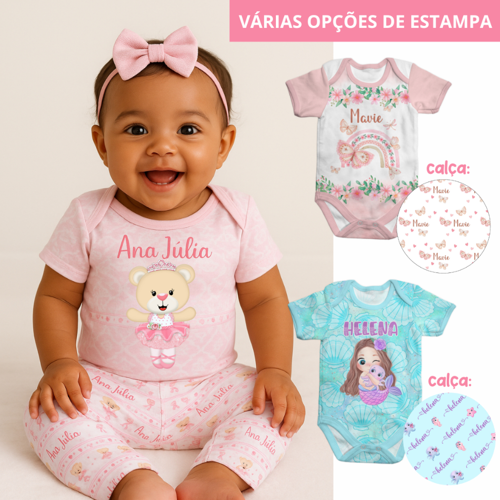 Conjunto bebê personalizado com nome body mais mijão menina várias estampas em Oferta na Shopee