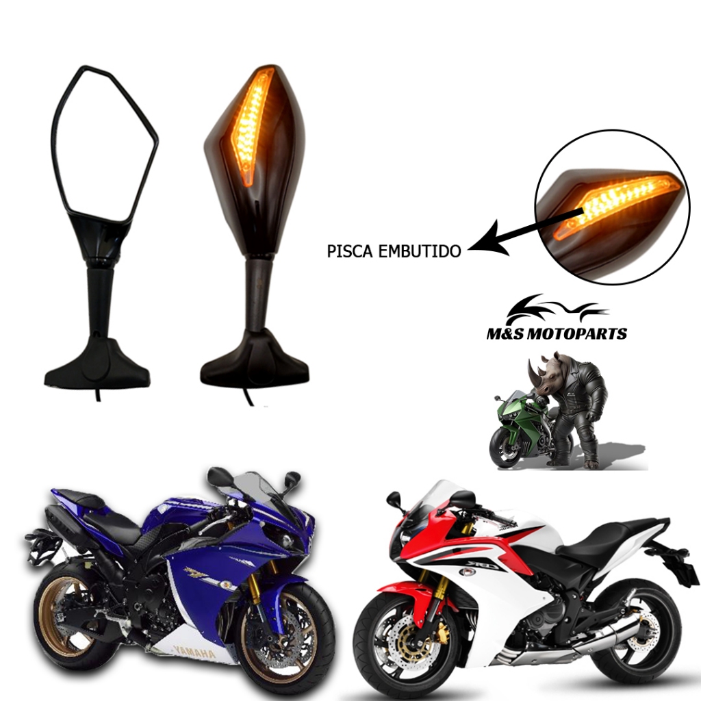 Retrovisor Yamaha R1, R6, FZ1 com pisca moto carenada universal Retrovisor Preto para moto carenada