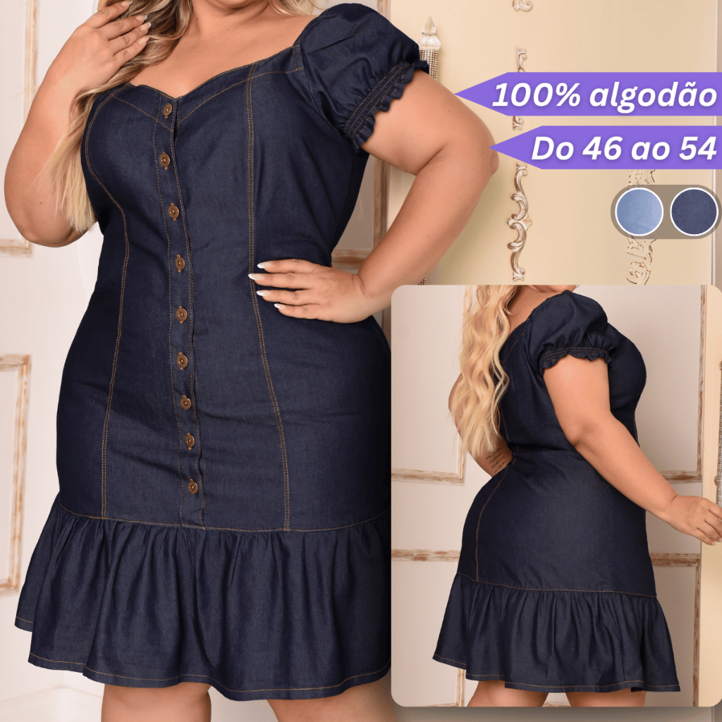 Vestidos Feminino Jeans Plus Size 100% Algodão Manga Bufante Peplum Midi Elegante