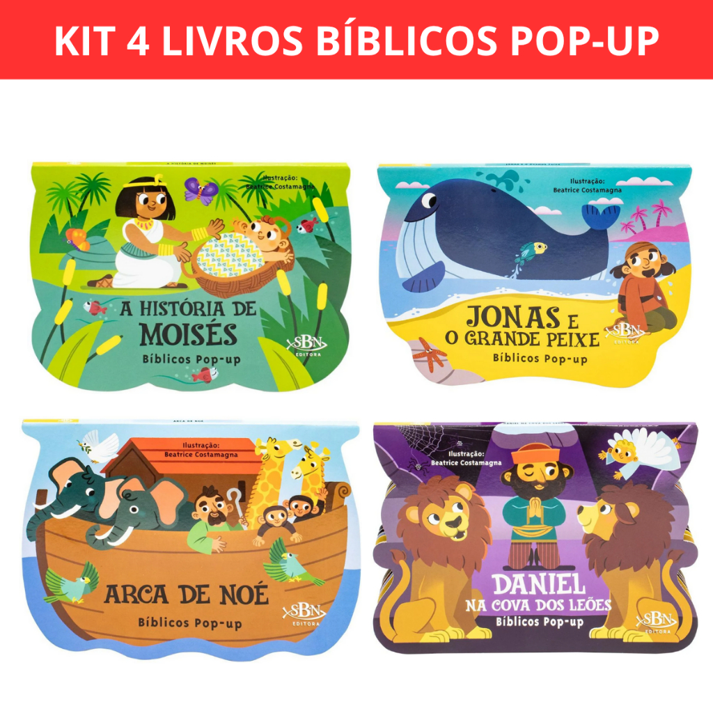 Kit 4 Livros Bíblicos Pop-up - Jonas e o Grande Peixe, A história de Moisés, Daniel na cova dos Leões, Arca de Noé em Oferta na Shopee