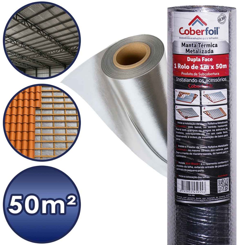 Manta Térmica Dupla Face 50m² + 3 Fitas Manta para Subcobertura de Telhado Resistente Calor Umidade