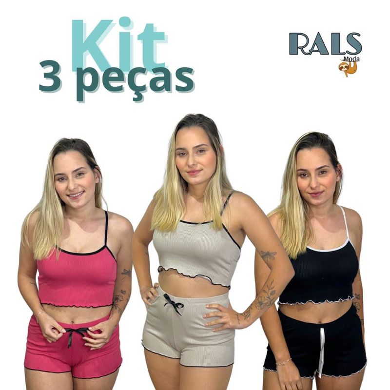 Kit 3 Conjuntos de Pijama Baby Doll, Short Dool de Cropped e Shortinhos Blogueirinha