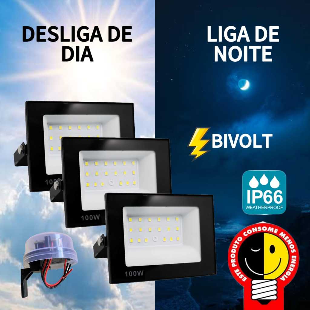 Refletor 100w led com sensor fotocélula noturno liga a noite desliga dia luz branca