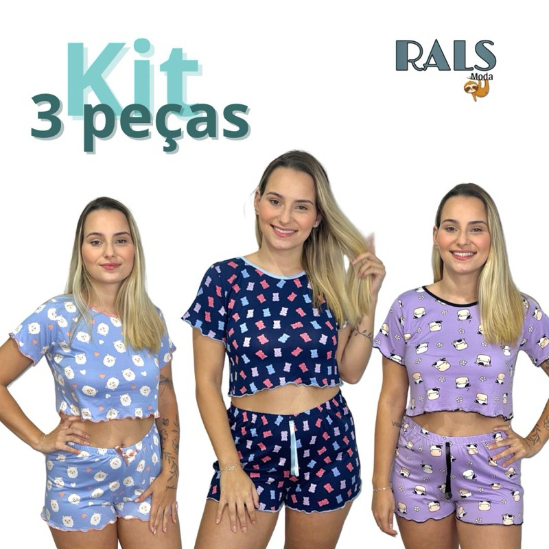KIT COM 3 CONJUNTOS PIJAMAS BABY DOLL, SHOT DOLL DE CROPPED COM MANGUINHAS E SHORTINHO ONDINHAS DA MODA