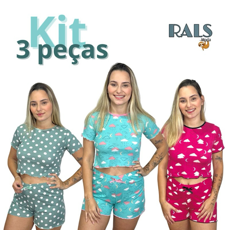 KIT COM 3 CONJUNTOS PIJAMAS BABY DOLL, SHOT DOLL DE CROPPED COM MANGUINHAS E SHORTINHO DE ONDINHAS DA MODA