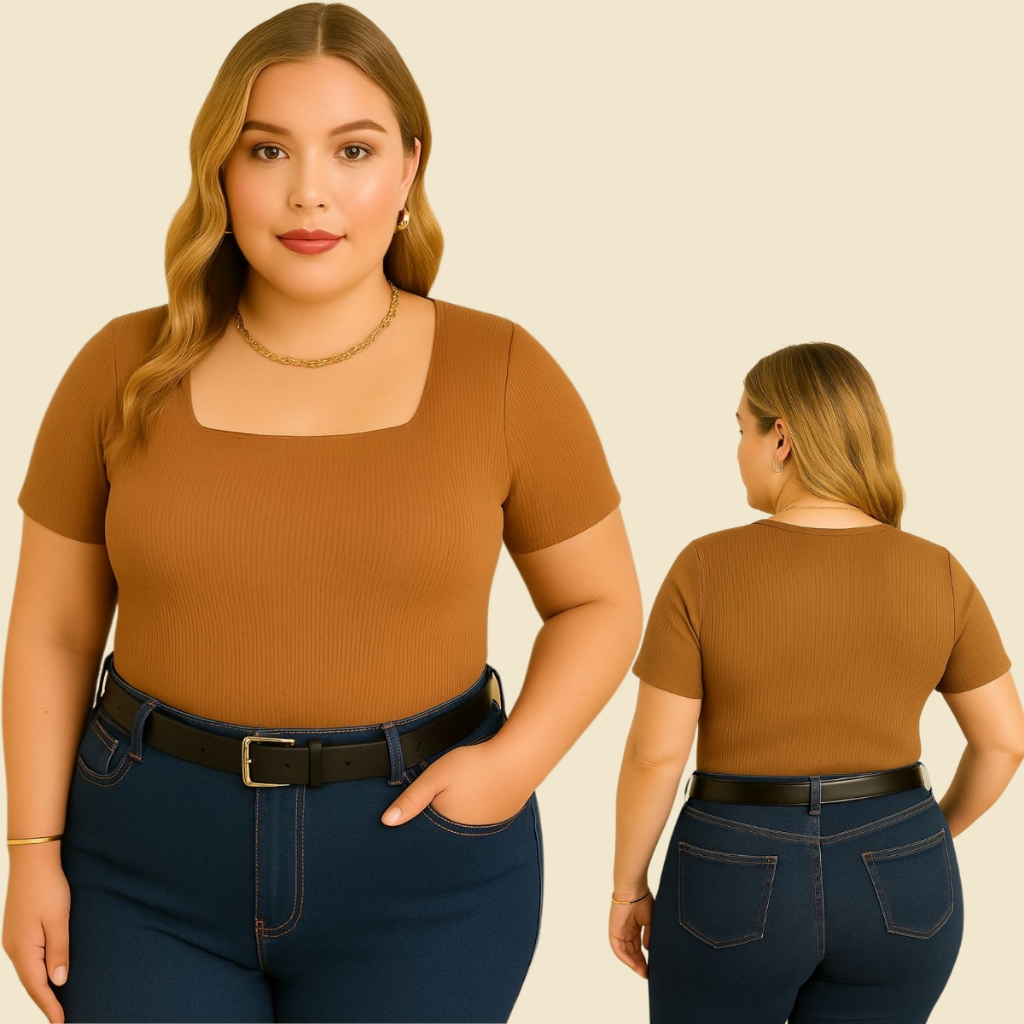 Blusa Feminina Plus Size Manga Curta Decote Quadrado Confortável com Alta Elasticidade