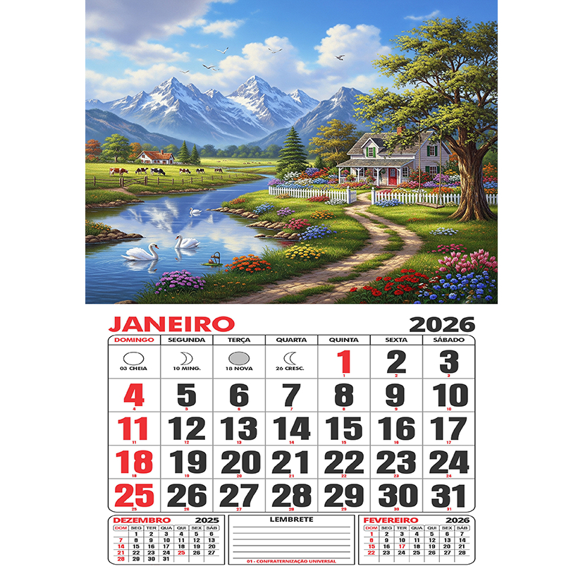 Folhinha 2026 - Calendário 2026 - Paisagens