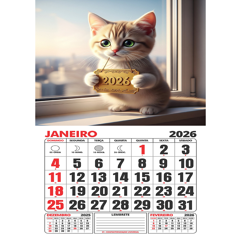 Folhinha 2026 - Calendário 2026 - Gatinhos