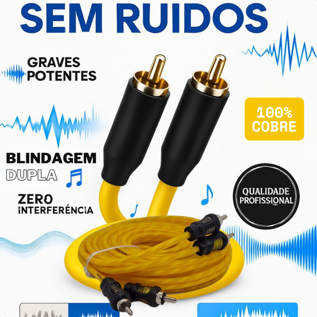 Cabo RCA 5 Metros Blindado Automotivo Som Profissional Carro Cobre Puro Flexivel Vipertron