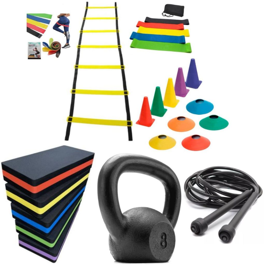 Combo Treino Funcional Agilidade 1 Step Grande 1 Kit Miniband 1 Corda 1 Kettlebell 8kg Pintado Ferro