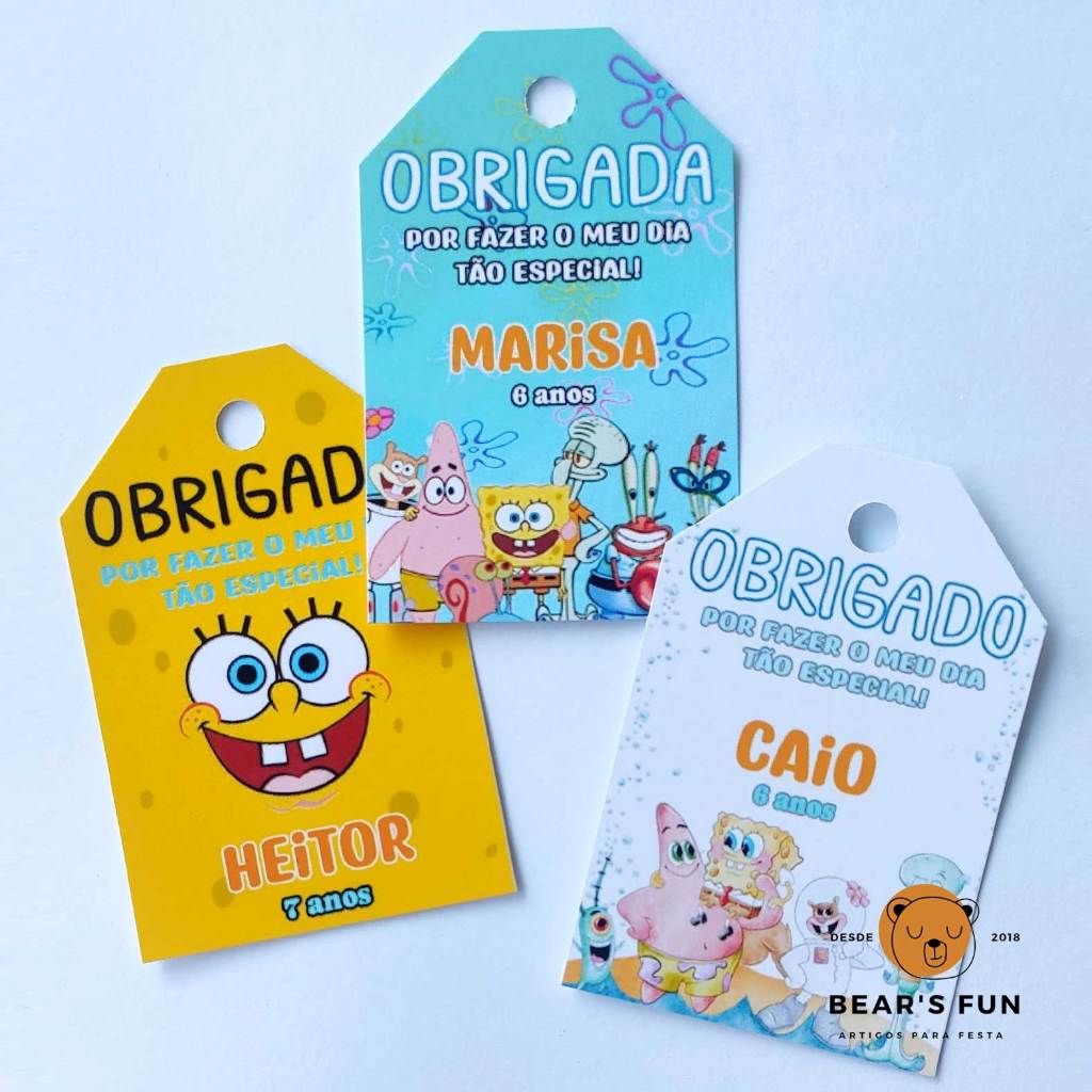 TAG Lembrancinha Bob Esponja • Cartão Agradecimento com Nome e Idade • Festa•Aniversário•Personalizado