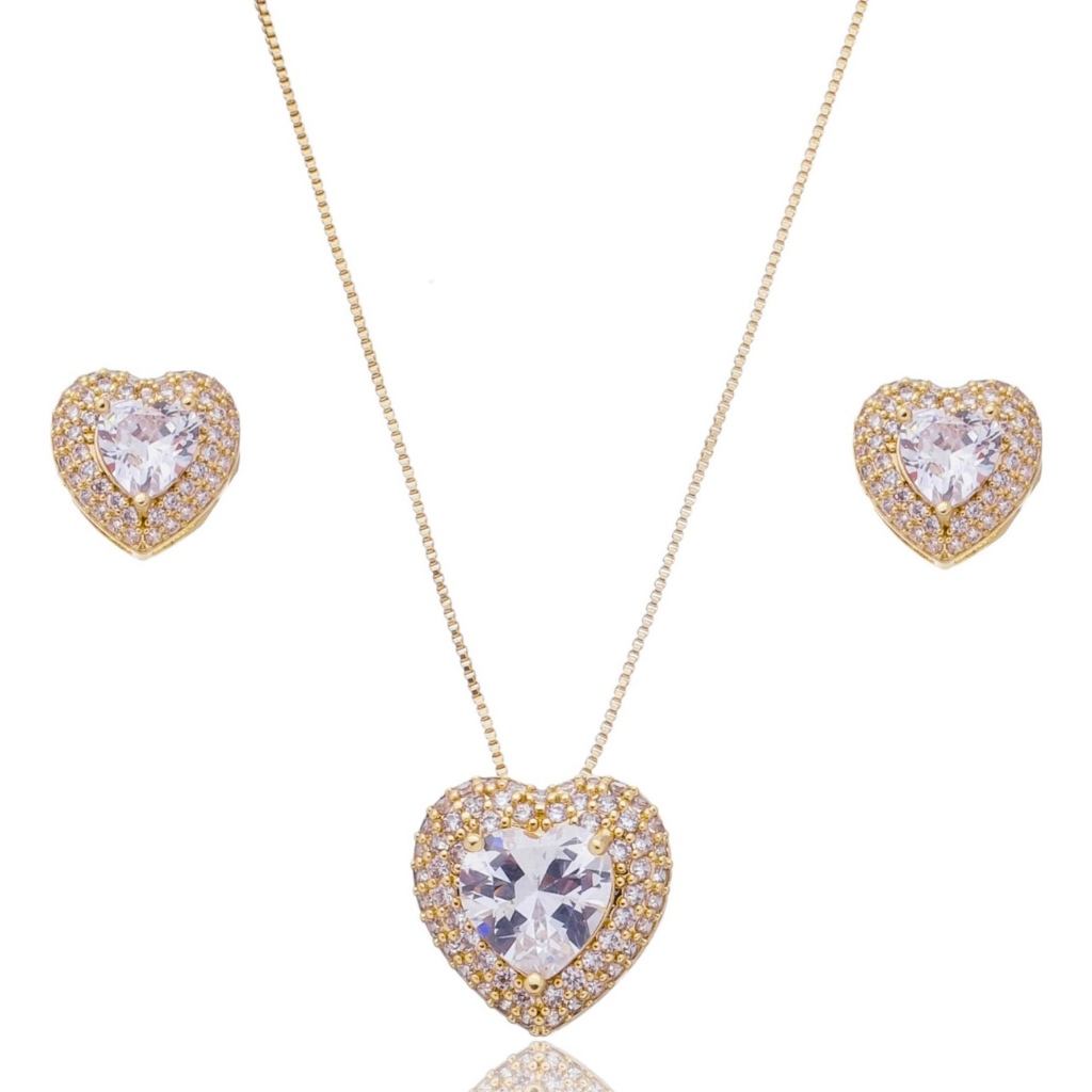 Conjunto Colar Coração e Brinco Cravejado Colorido em ouro 18k e Prata 925