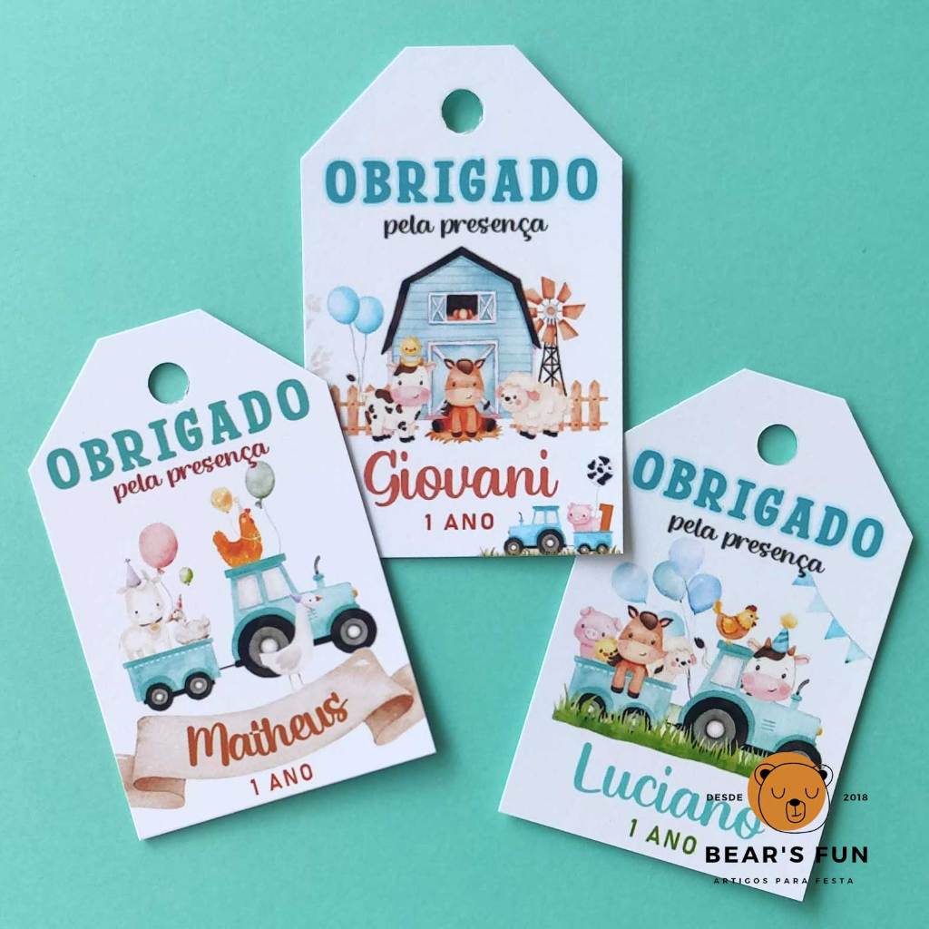 TAG Agradecimento Fazendinha Menino Personalizado com Nome e Idade • Festa•Aniversário•Personalizado