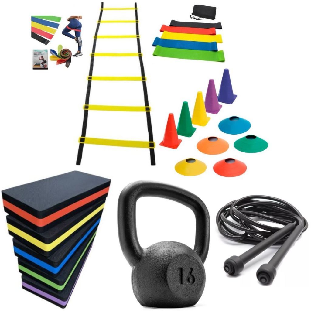 Combo Treino Em Casa e Academia 1 Step Grande 1 Kit Miniband 1 Corda 1 Kettlebell 16kg Pintado Preto