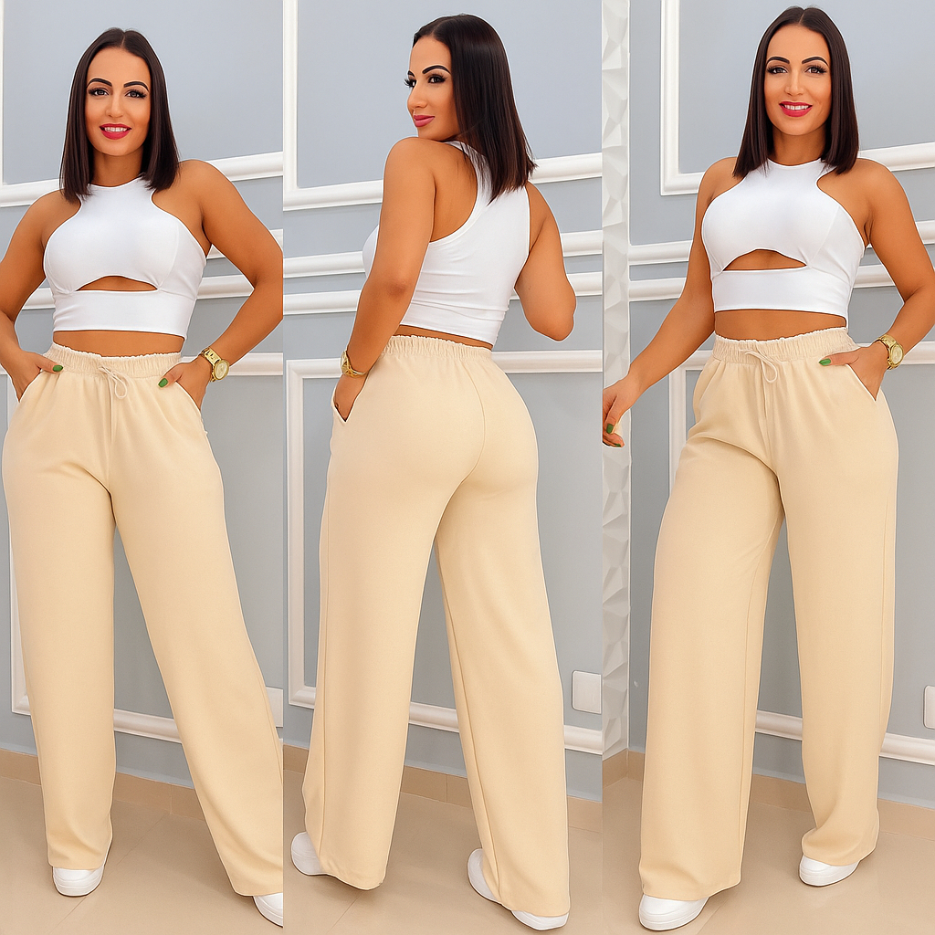 Calça Pantalona Duna Cintura Alta Com Bolso Feminina PROMOÇÃO