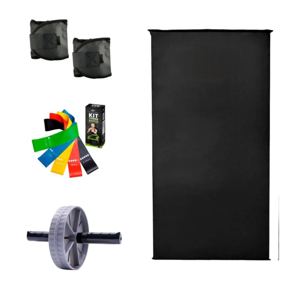 Kit Treino Completo Funcional Par Caneleira KG a Sua Escolha + Kit Theraband + Roda Abdominal + Colchonete