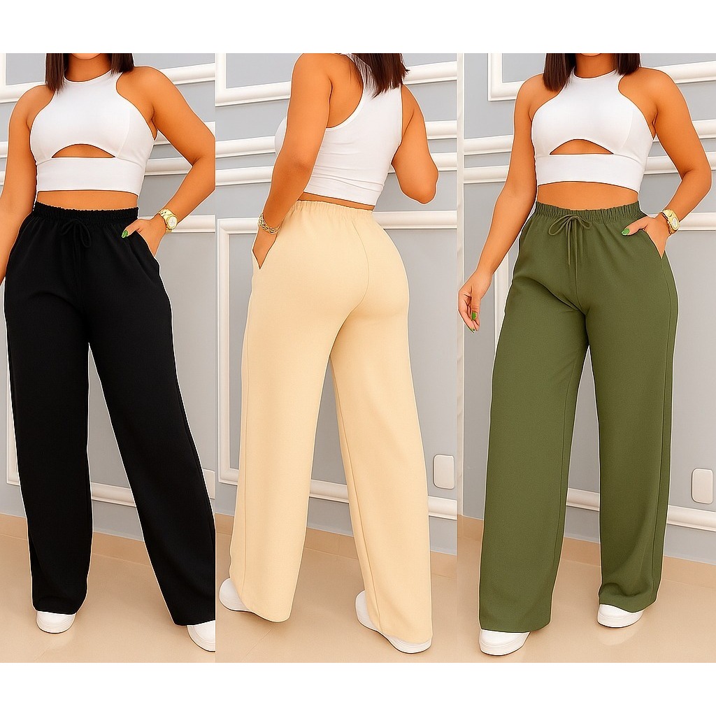 Calça Pantalona Feminina Wide Leg Cintura Alta com Elastico Tecido Duna Moda Têndencia não amassa
