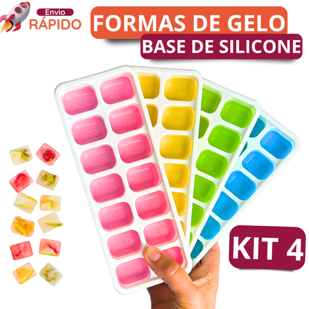 Kit 4 Forma de Gelo Fundo de Silicone Forminha de Gelo Sai Fácil Para Gelo Saborizado 14 Cubos
