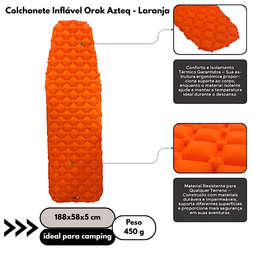 Colchonete Isolante Compacto Inflável Dobrável Solteiro Ultralight Orok Azteq Laranja