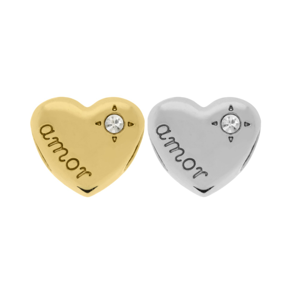 Berloque Coração com Strass Banhado Ouro ou Prata. Berloque Love Amor para Pulseira da Vida