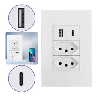 Tomada de Parede Dupla Com Entrada Usb e tipo C 5V Bivolt 4/1 Carregamento Rápido Multi Carregamento em Oferta na Shopee