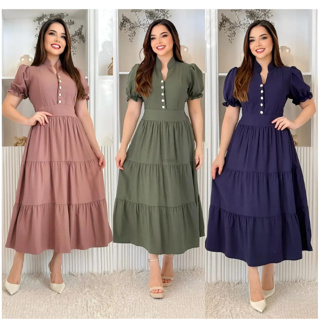 Vestido mídi feminino evangélica com manga princesa com elastex na costas confortável tecido algodão em Oferta na Shopee