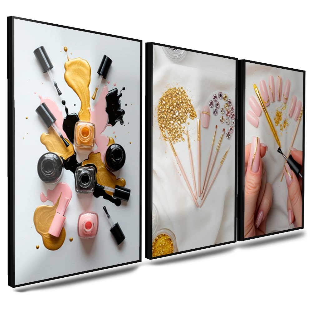 Kit 3 Quadros Decorativos Utensílios Manicure Unhas Salão Decoração