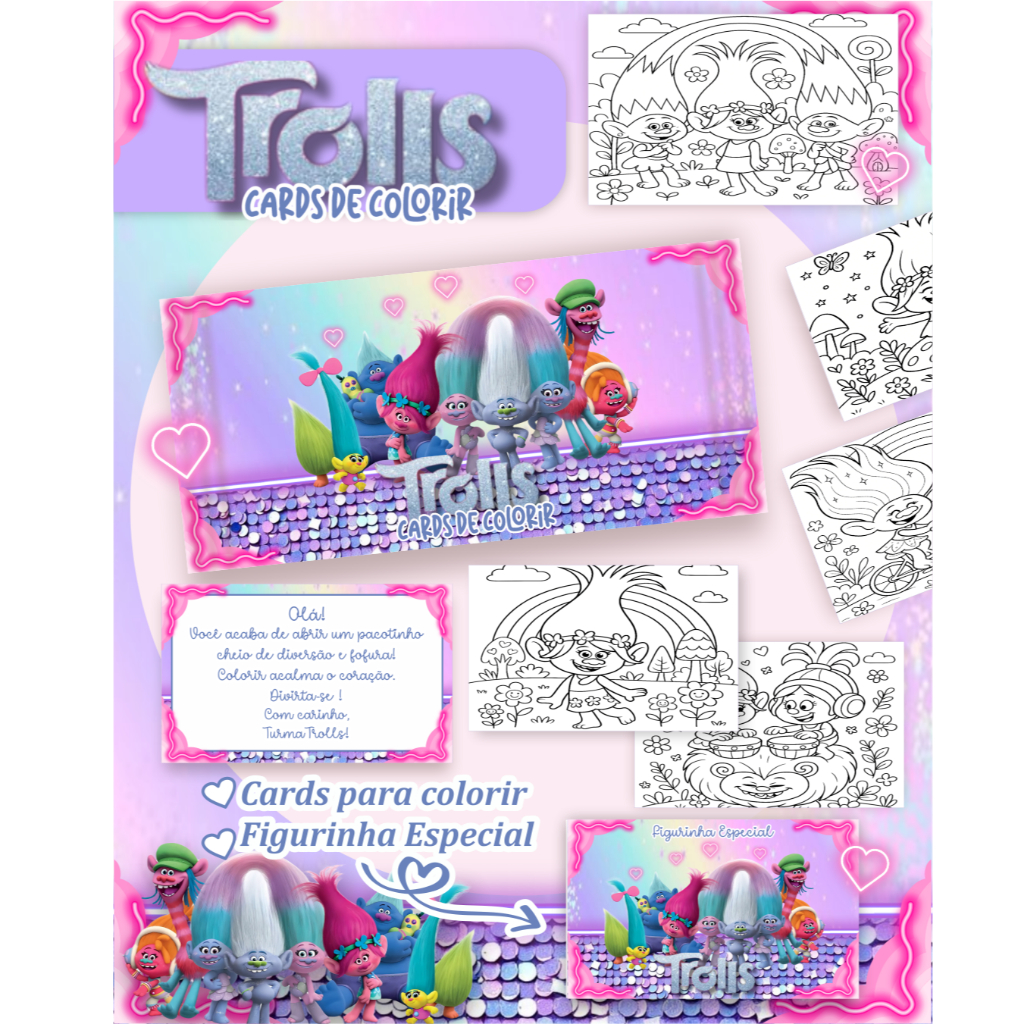 Kit de Cards/Cartões para Colorir e Colecionar. TEMA TROLLS. Lembrancinha para festas.