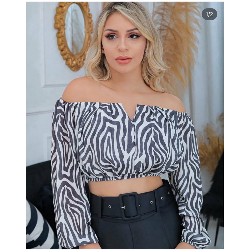 Cropedd Ciganinha feminino ombro a ombro manga longa tecido crepinho zebra