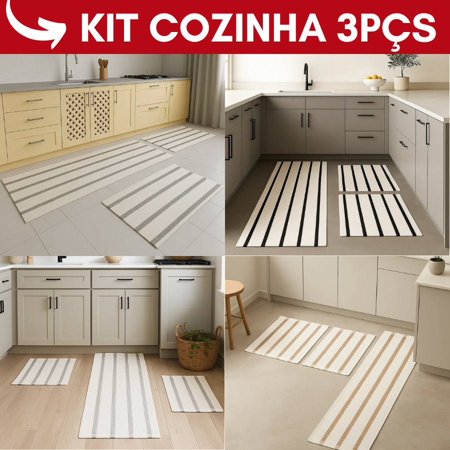 Kit 3 Tapetes Cozinha Algodão Listrado Passadeira Decorativa Pia Fogão Churrasqueira