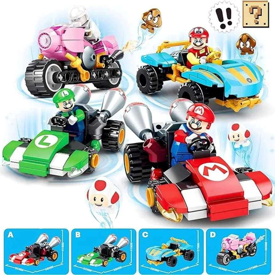 Kit 4 Bonecos Blocos de Montar Kart Carrinho Luigi Princesa +300 Peças