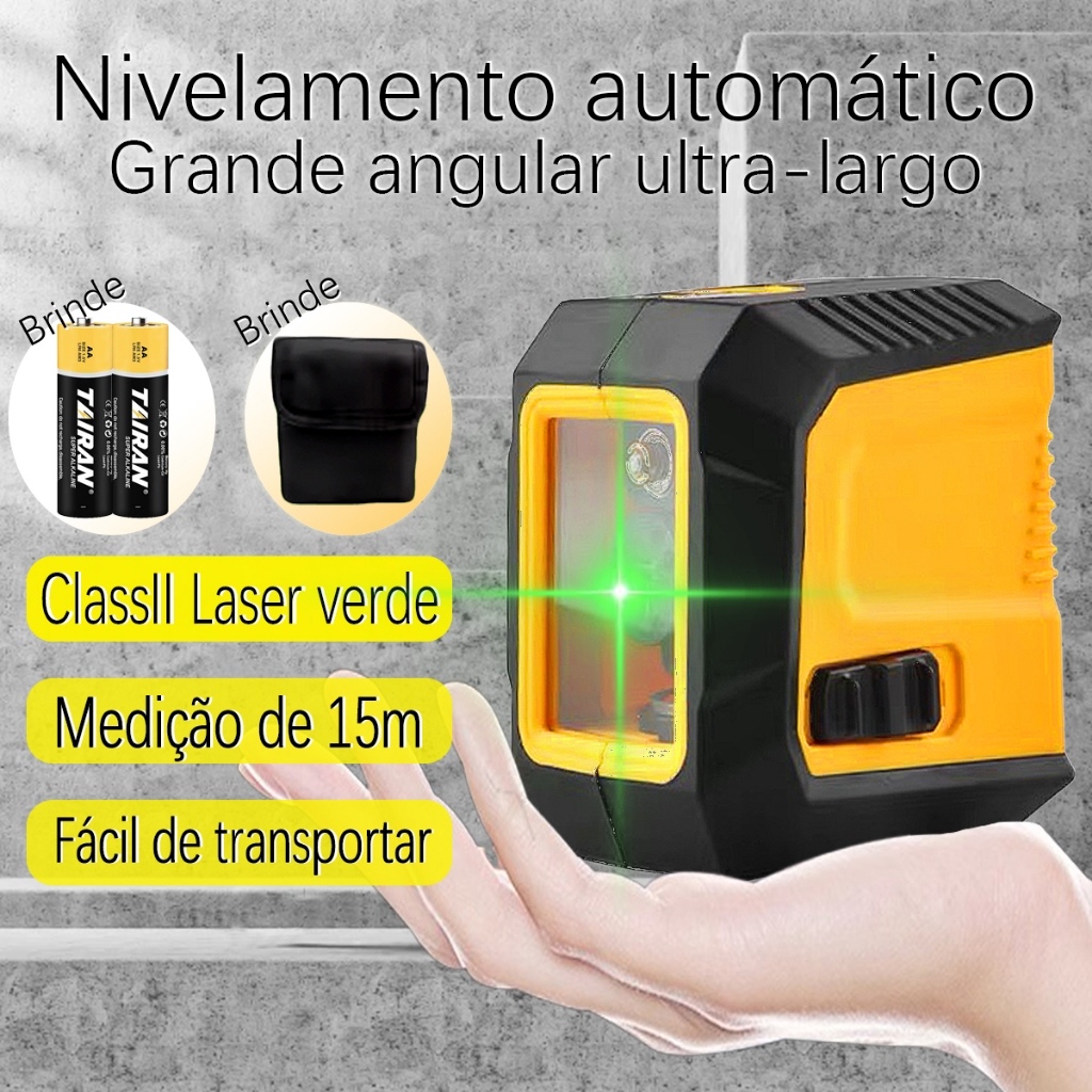 Nível a Laser Autonivelante 360 Grau Luz Verde 2 Linhas Portátil 20m com Baterias para Construção e Reformas
