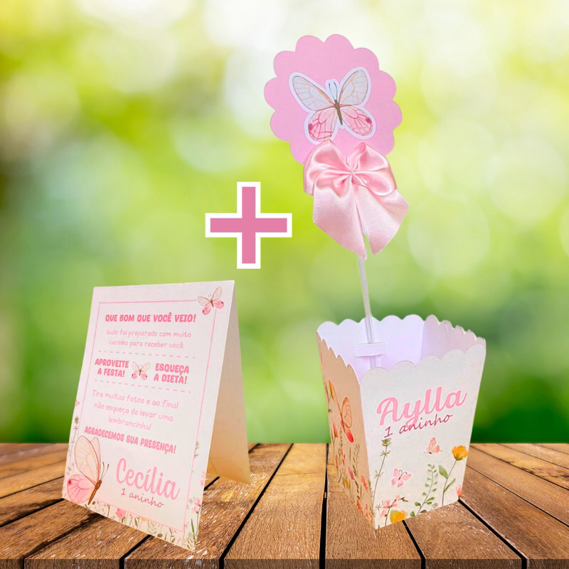 Kit Centro de mesa + Plaquinha de mesa JARDIM DAS BORBOLETAS ROSA ENCANTADO Personalizado em Oferta na Shopee