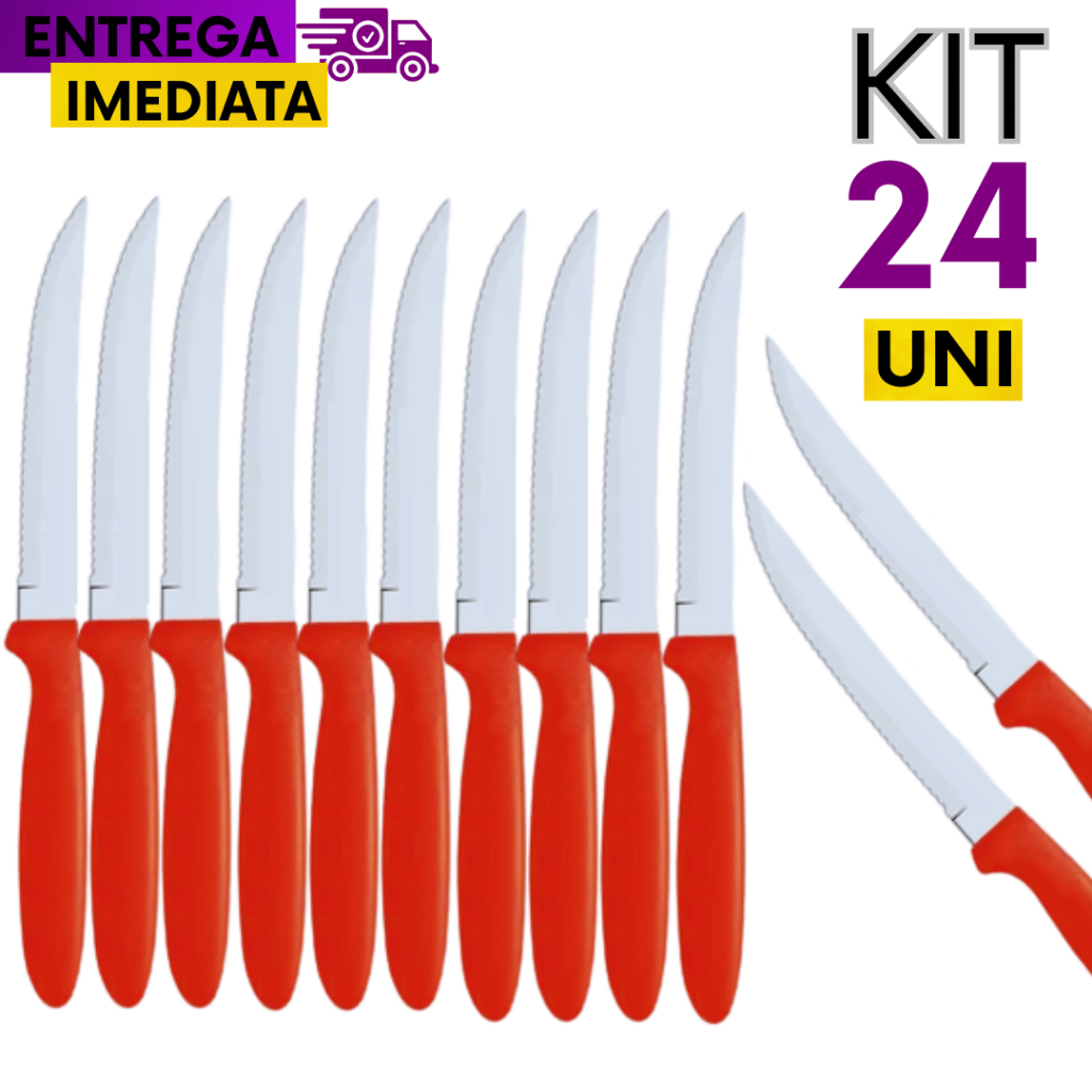 KIT  24 Talheres Linha Colorida Vermelho  12 Facas  Inox Premium Cabo Plástico Bar Casa Restaurante variáveis Utilidade