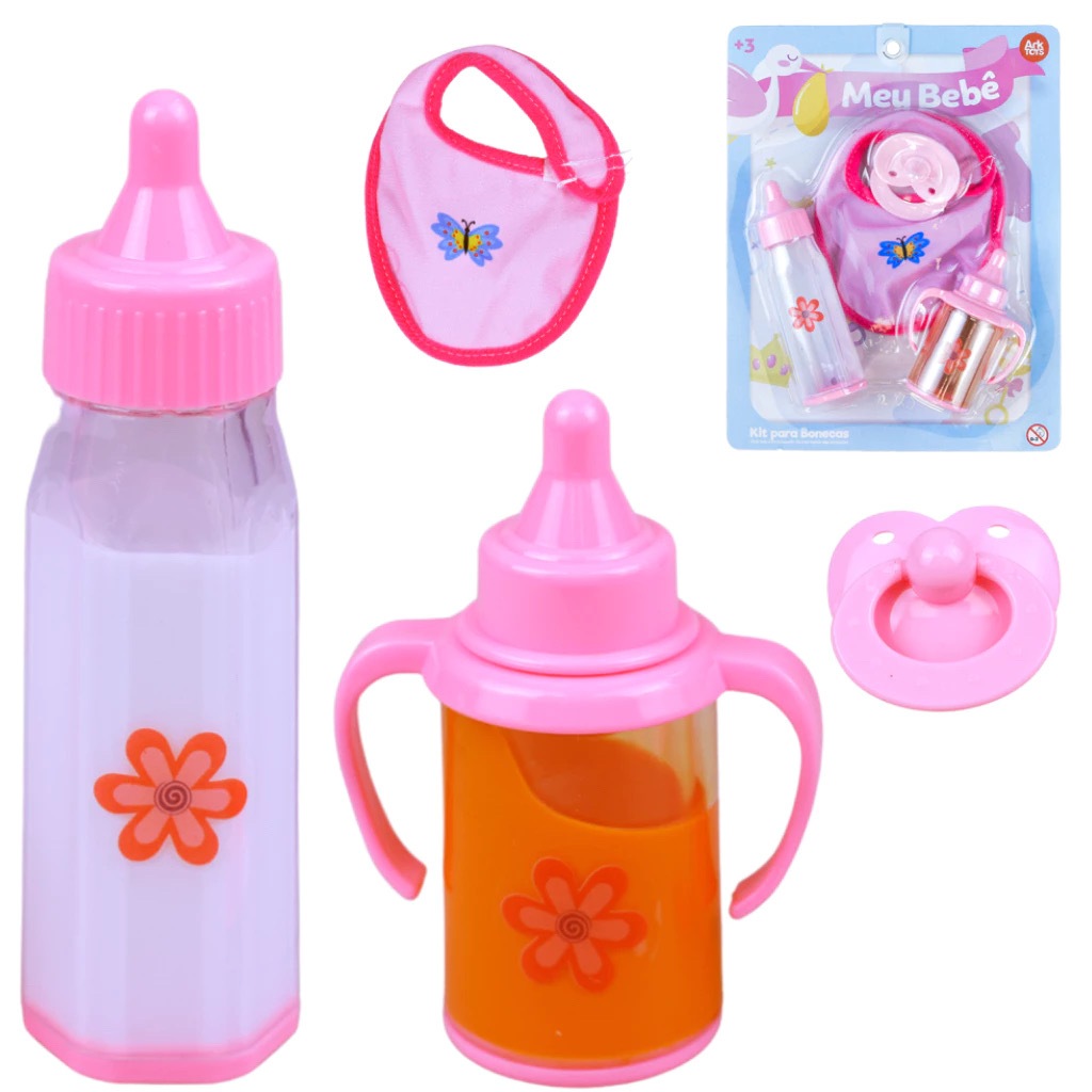 Kit de Boneca para meninas 4 Peças com 2 Mamadeira Mágica + Babador + Chupeta - Ark Toys