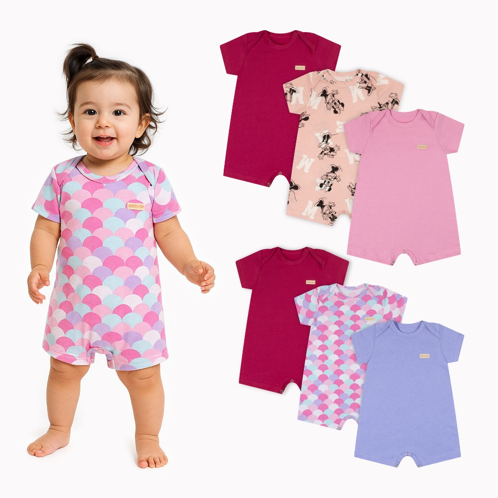 Kit 3 Romper Macaquinho Meia Malha Liso Estampado Menina 100% Algodão Verão Tamanhos 1/2/3...