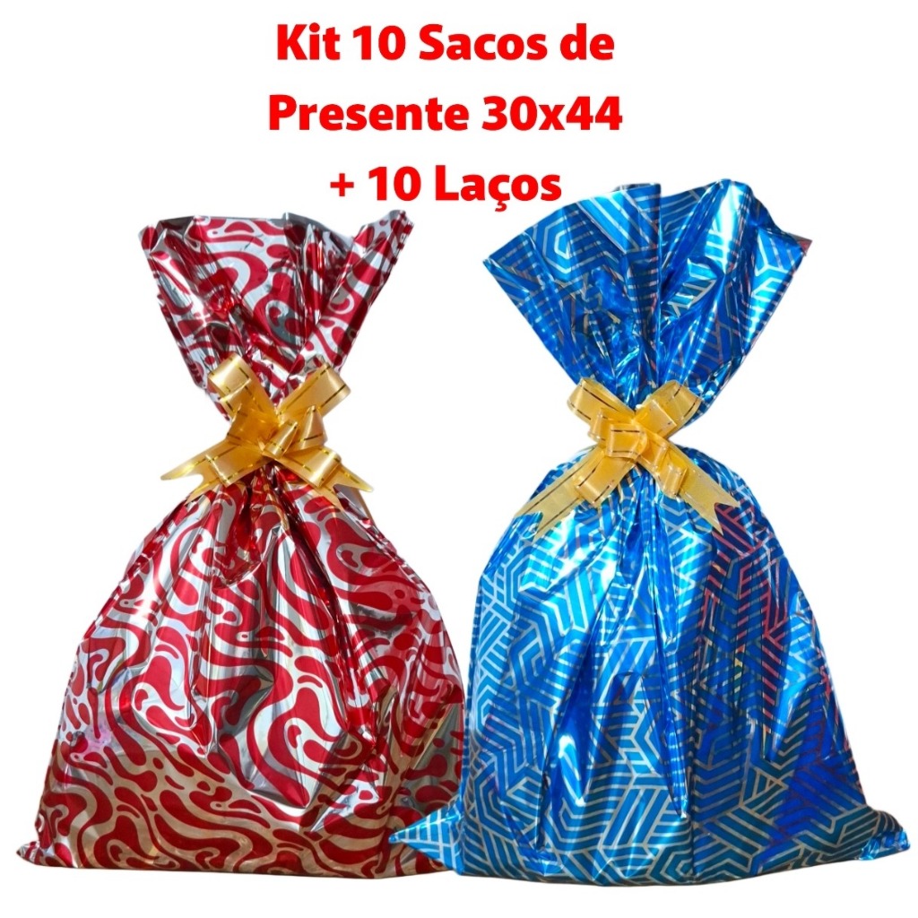 Kit 10 Sacos de presente 30x44 + 10 laços fácil em Oferta na Shopee