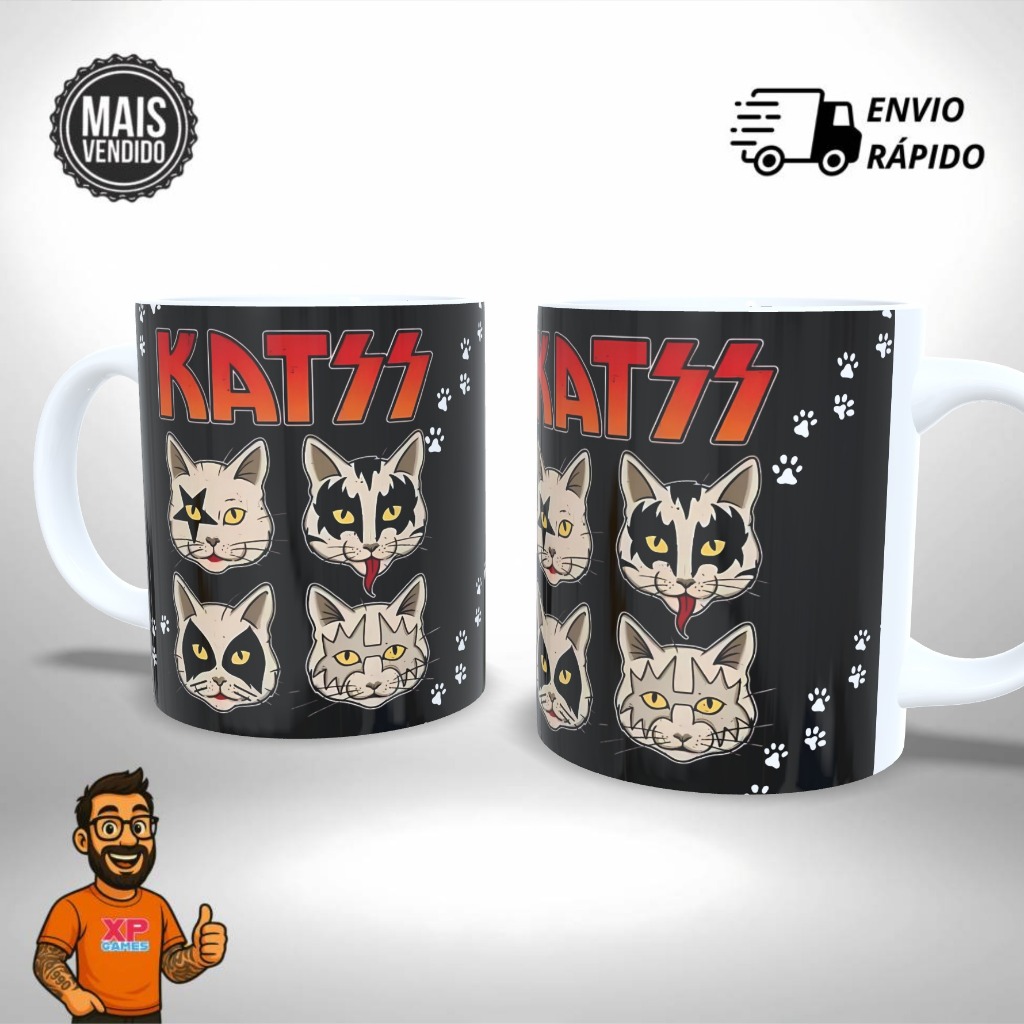 Caneca Cerâmica Personalizada Banda Rock Gatinhos Kiss Katss - Presente Único e Criativo
