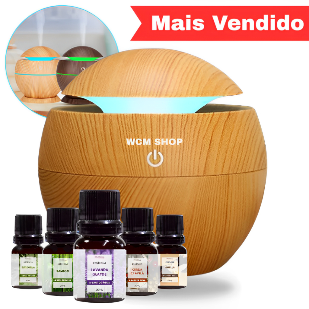 Kit Umidificador Aromatizador Difusor de Ambientes Ultrassônico + 5 Essências 10ml