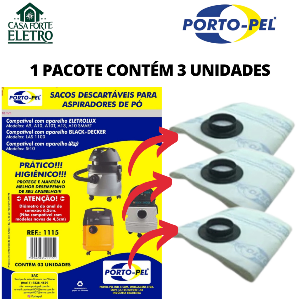 Kit 3 Unidades Saco P/ Aspirador De Pó Electrolux A9,A10,A10T,A13,A10SMART Coletor de primeira linha