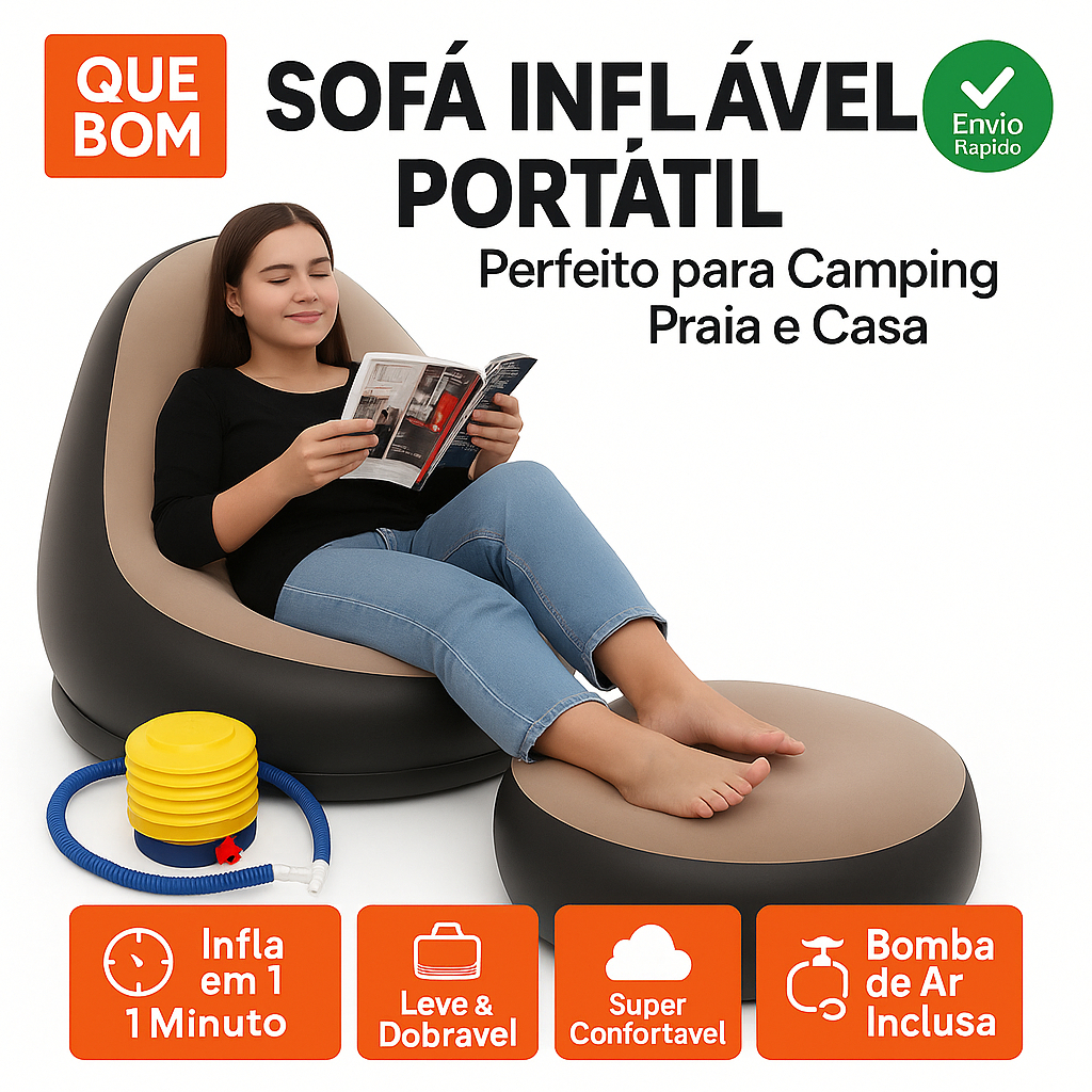Sofá Inflável Portátil 3 em 1 com Bomba de Ar Poltrona Cama Dobrável Para Camping Praia e Casa