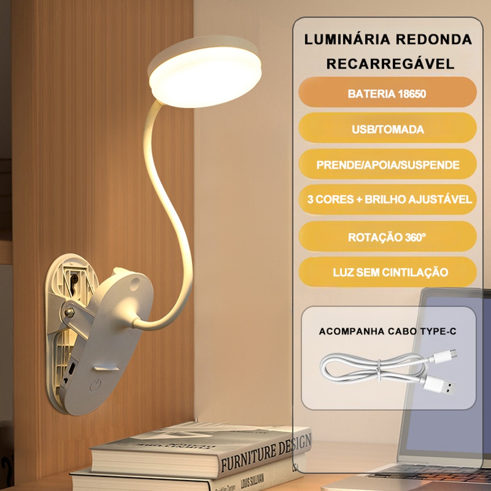 Luminária Ajustável com prendedor Abajur de Mesa LED Luz Recarregável Touch Haste Flexível Lâmpada De Estudo Sem Fio