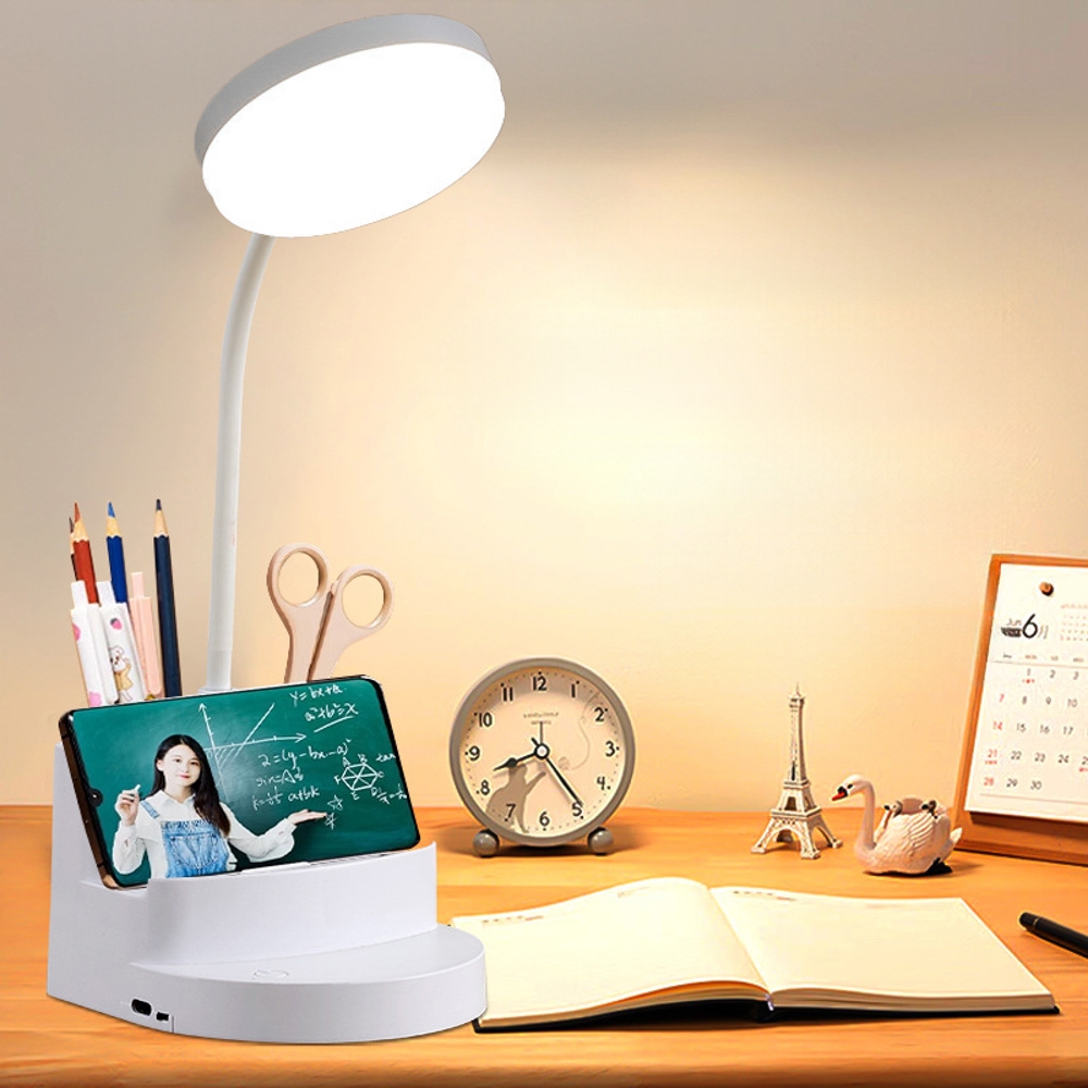 Luminária de mesa redonda com suporte para celular,organizador de canetas,3 cores de luz reguláveis e bateria de 120 h