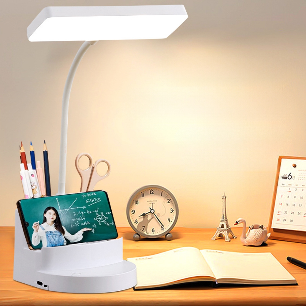 Luminária de mesa quadrada com suporte para celular, organizador de canetas 3 cores de luz reguláveis e bateria de 120 h