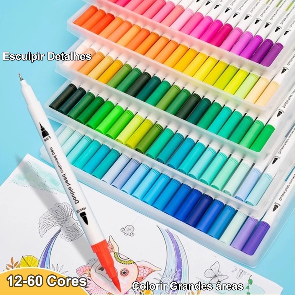 Kit 12 24 36 48 Cores Canetinha Colorida Caneta Brush Marcador Permanente Ponta Dupla em Oferta na Shopee