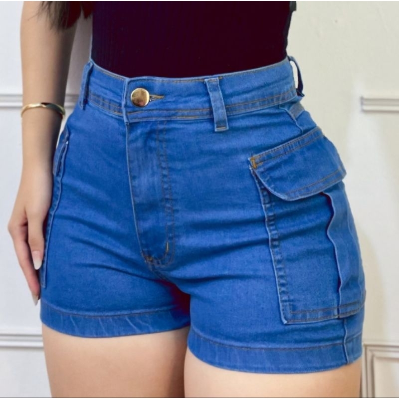 Short cargo Jeans feminino com lycra (estica) duas cores, cintura alta em Oferta na Shopee