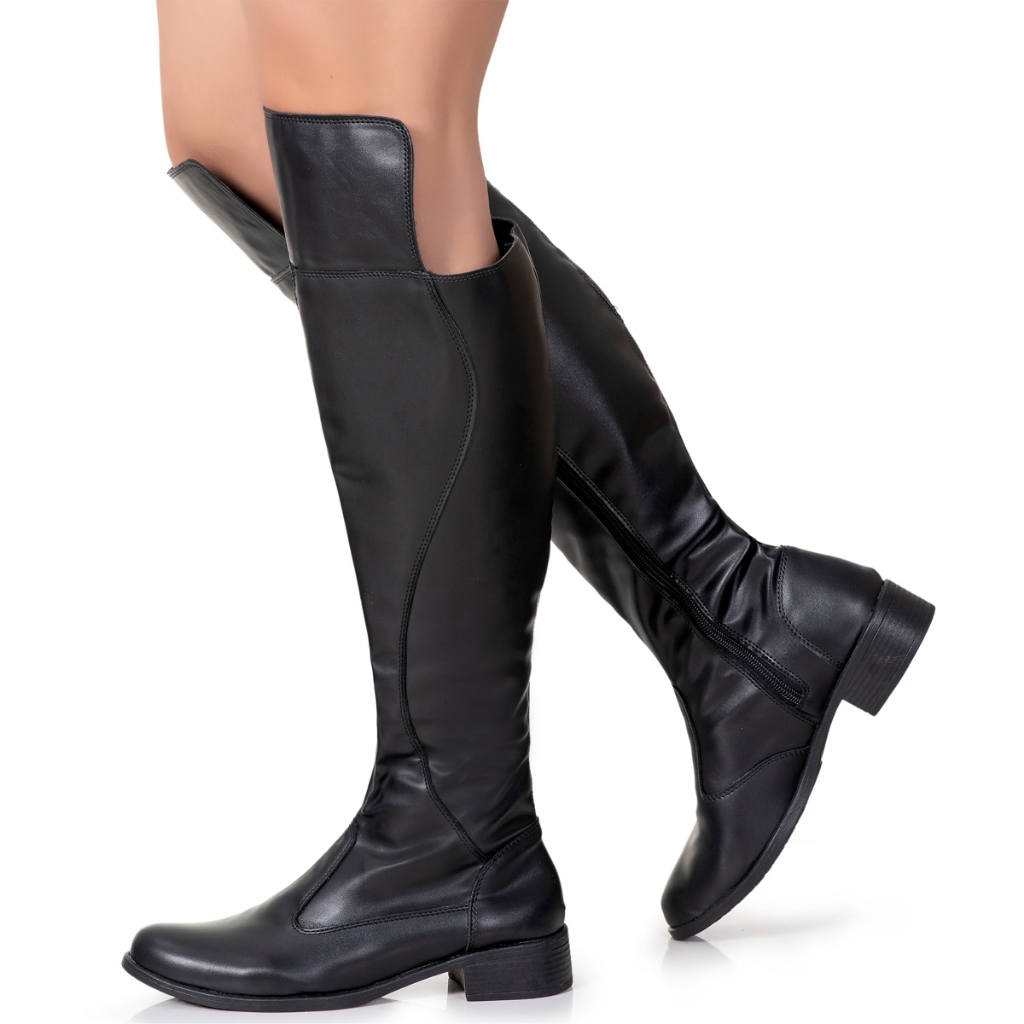 Bota Over The Knee Feminina Salto Baixo Com Ziper Cano Alto Longo