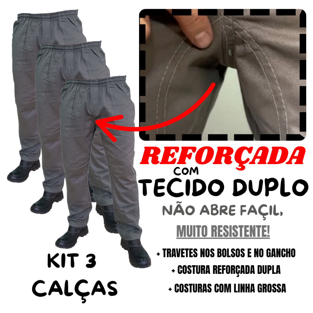 kit 3 CALÇA REFORÇADA! Brim pesado resistente uniforme profissional construção civil trabalho pesado em Oferta na Shopee