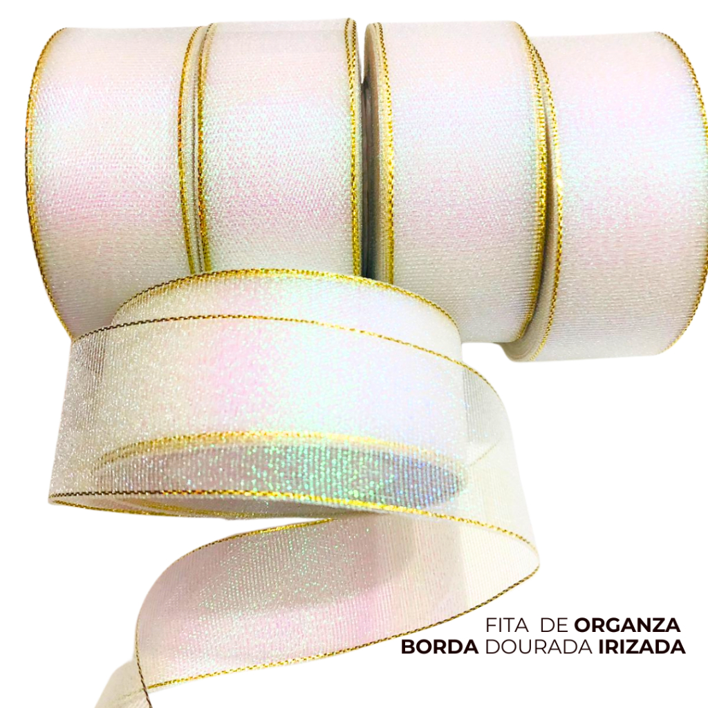 Fita Organza BORDA DOURADA Irizada, Holográfica, Lurex  Larg 38mm -  30 metros -Tiara, Laço, Artesanato em Oferta na Shopee
