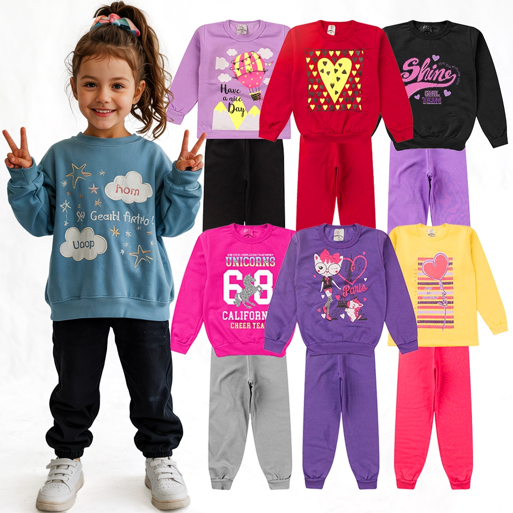 Kit Sortido de 2 ou 4 Peças Conjunto Moletom Infantil Menina Outono Inverno Mang